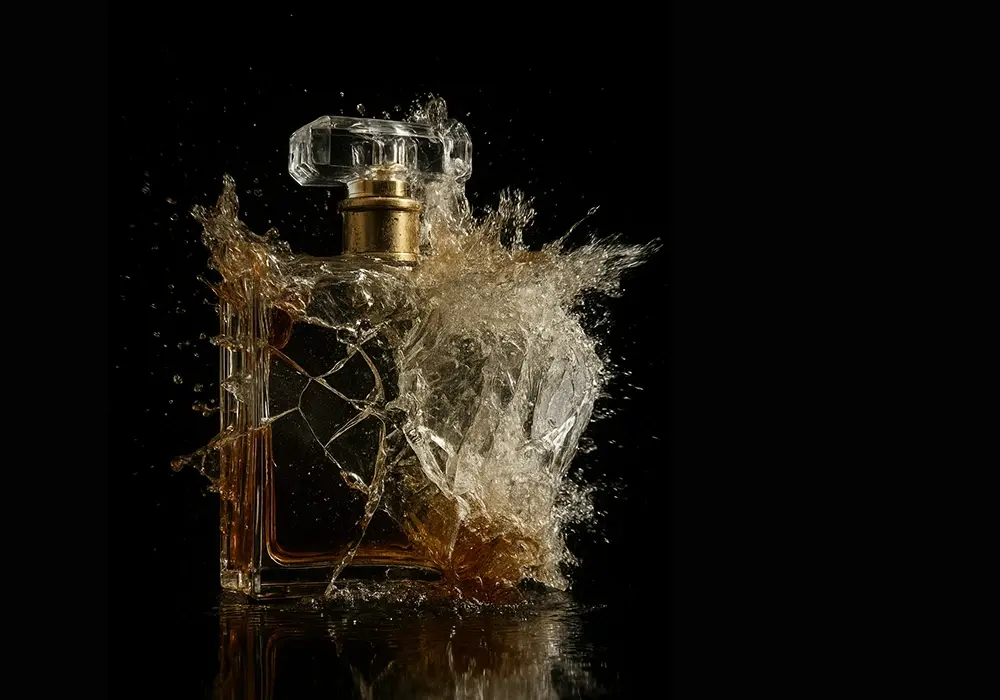 A broken bottle and spilled perfume