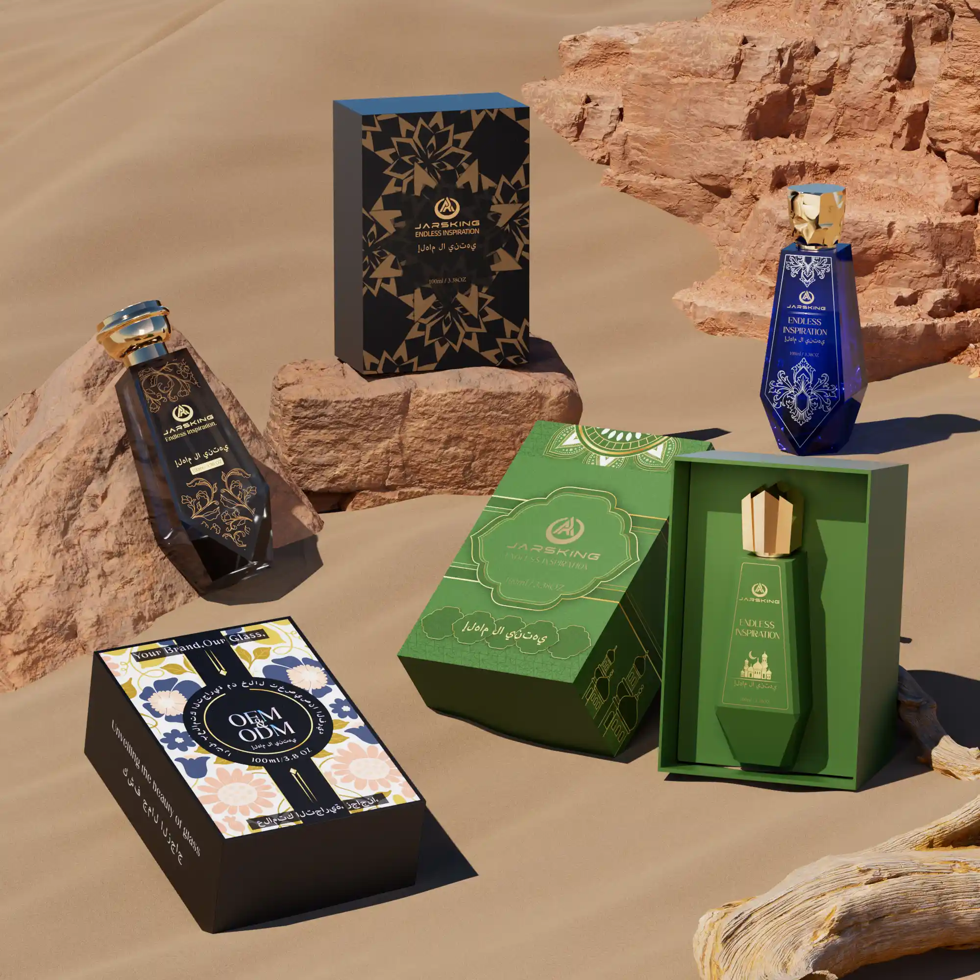 Jarsking’s design team brings perfume concepts to life with custom shapes, decorative finishes, and brand-exclusive packaging solutions