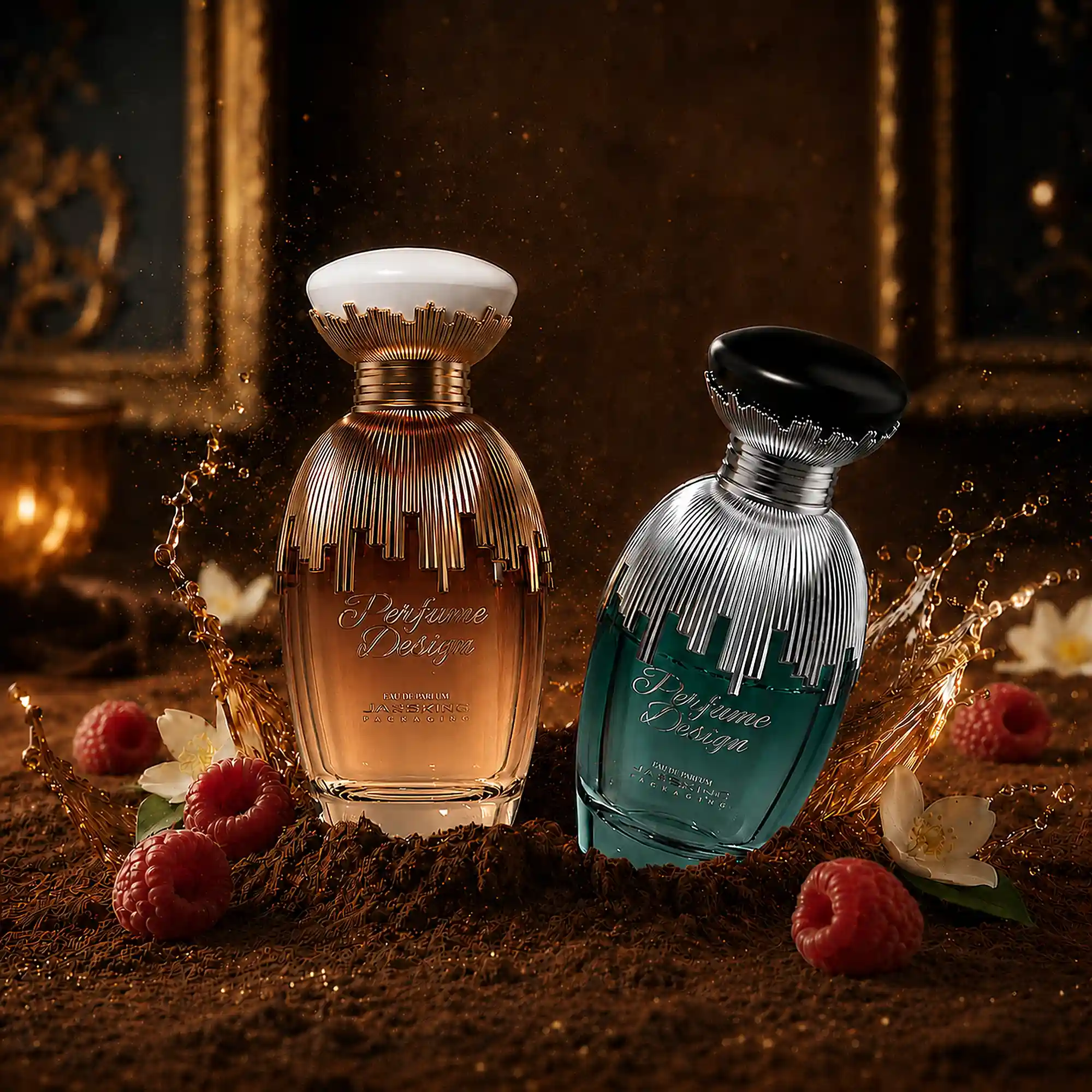 skyline motif glass perfume bottle